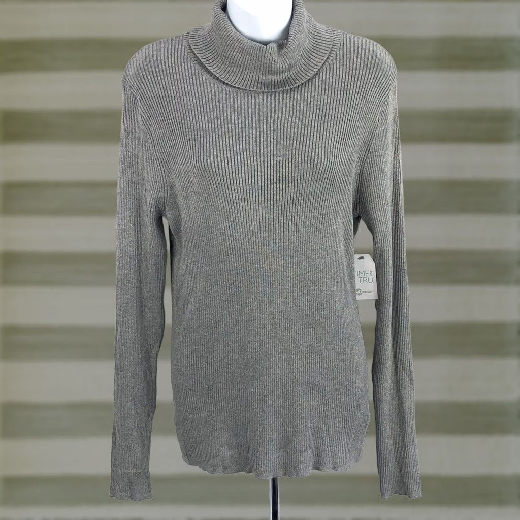 Vintage NWT Time & True Turtleneck Sweater L Gray Ribbed Rayon Knit LongSleeve Classic Shirt Size L / US 10 / IT 46 - 1 Thumbnail