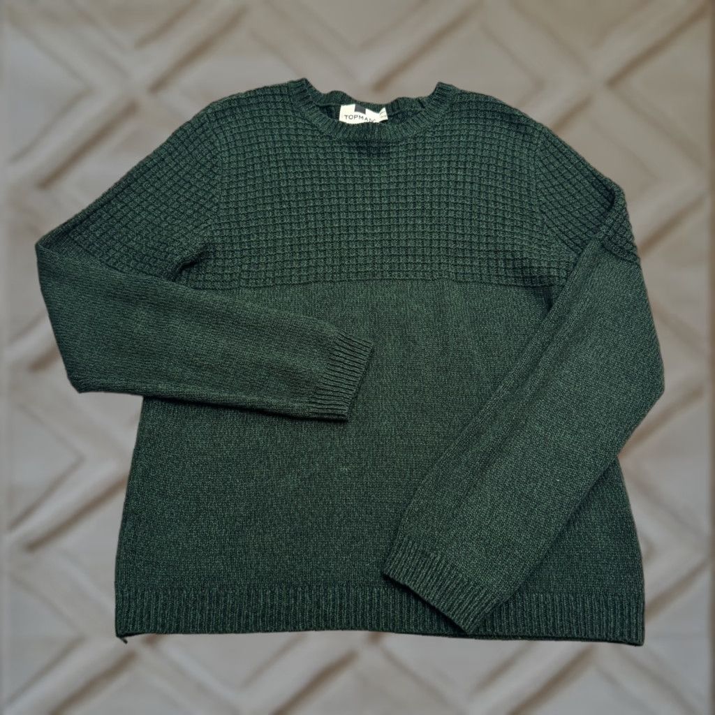 Topman Topman Waffle-Knit Pullover Sweater Mens M Dark Green Crew Neck Acrylic Regular Knit Shirt Size US M / EU 48-50 / 2 - 1 Thumbnail