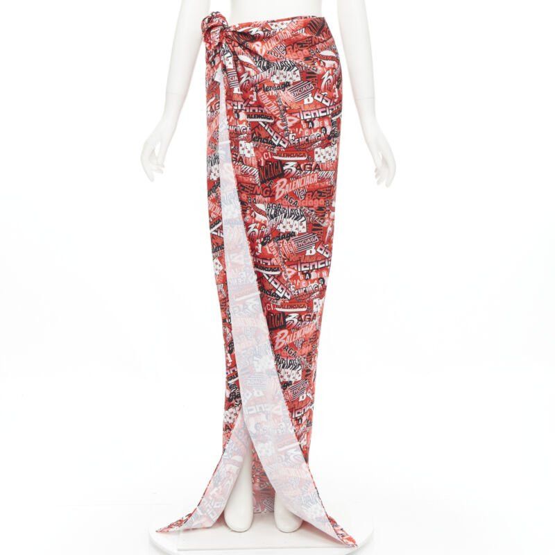 Balenciaga new BALENCIAGA Demna 2019 Runway red logo print wrap tie maxi skirt FR36 S Size 26" / US 2 / IT 38 - 1 Thumbnail