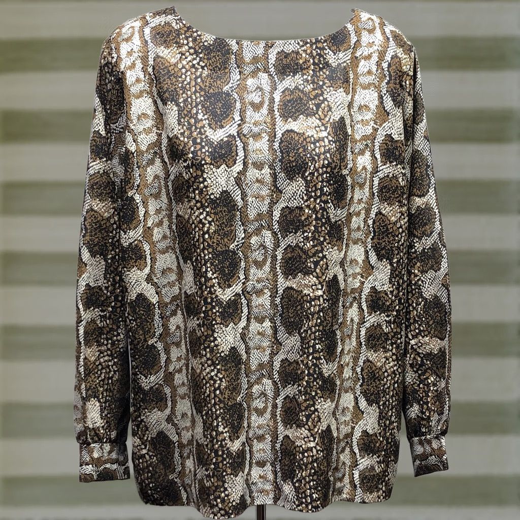 Vintage VINTAGE Teddi blouse Brown Snake ButtonUp 90s Career Glam Chic Women M Brown Snake Long Sleeve Collarless Size M / US 6-8 / IT 42-44 - 1 Thumbnail