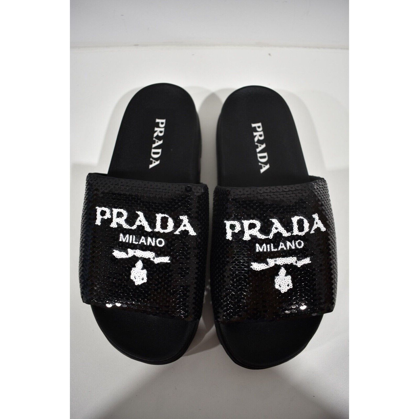 Prada Prada Black Sequin White Logo Slide Sandal Slip On Pool Flip Size US 9.5 / IT 39.5 - 7 Thumbnail