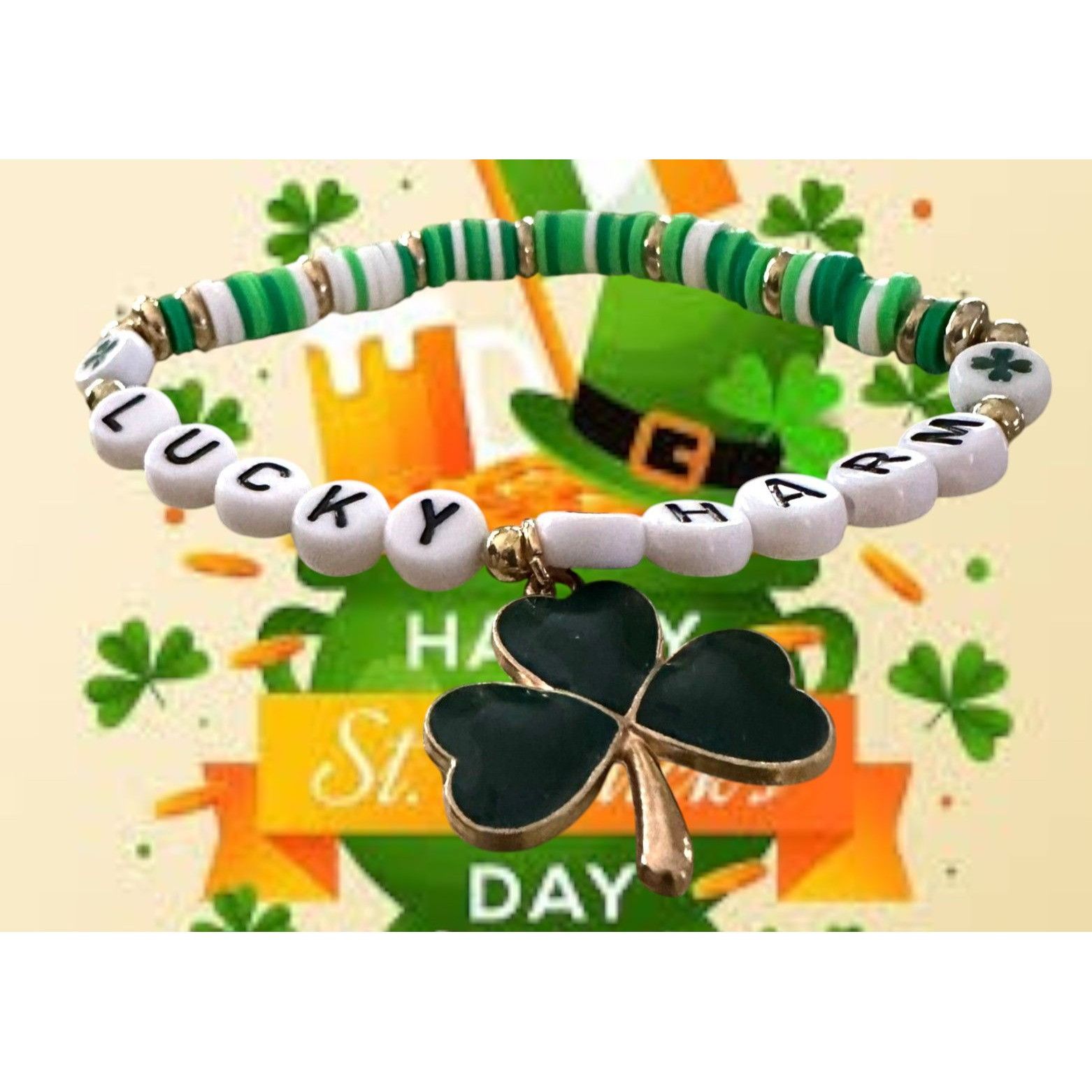 Handmade St Patricks Day Bracelet New Beaded Shamrock Lucky Charm New Size ONE SIZE - 4 Thumbnail