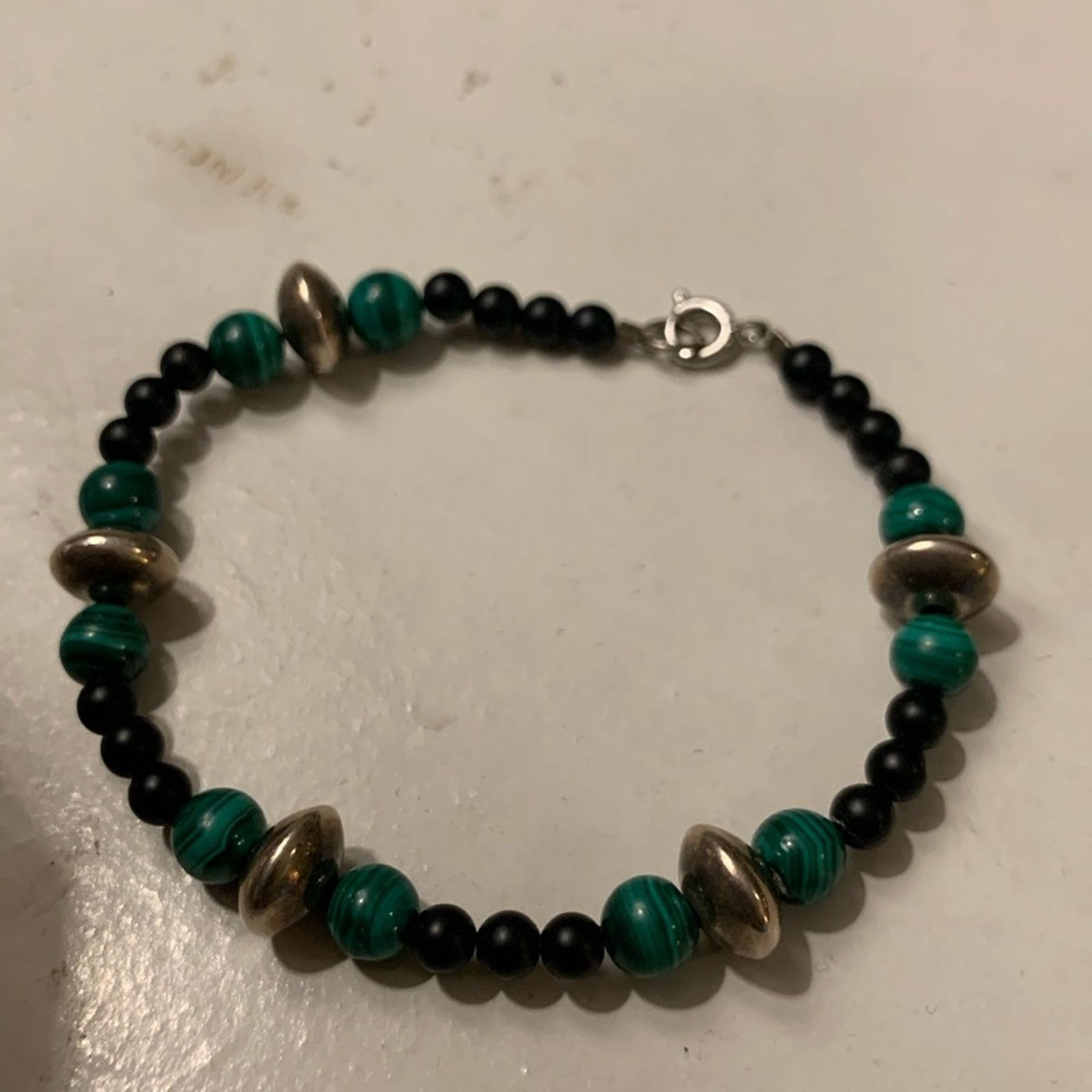 Vintage 925 Sterling silver,malachite and onyx beads bracelet Size ONE SIZE - 4 Thumbnail