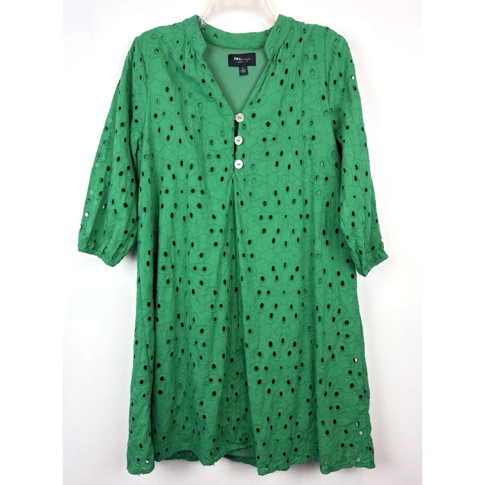Vintage Kelly Green Eyelet Shift Dress Womens Large Lined Belted Short Sleeve Round Neck Knee Length Dress RN Studio Office Casual Career Size L / US 10 / IT 46 - 3 Thumbnail