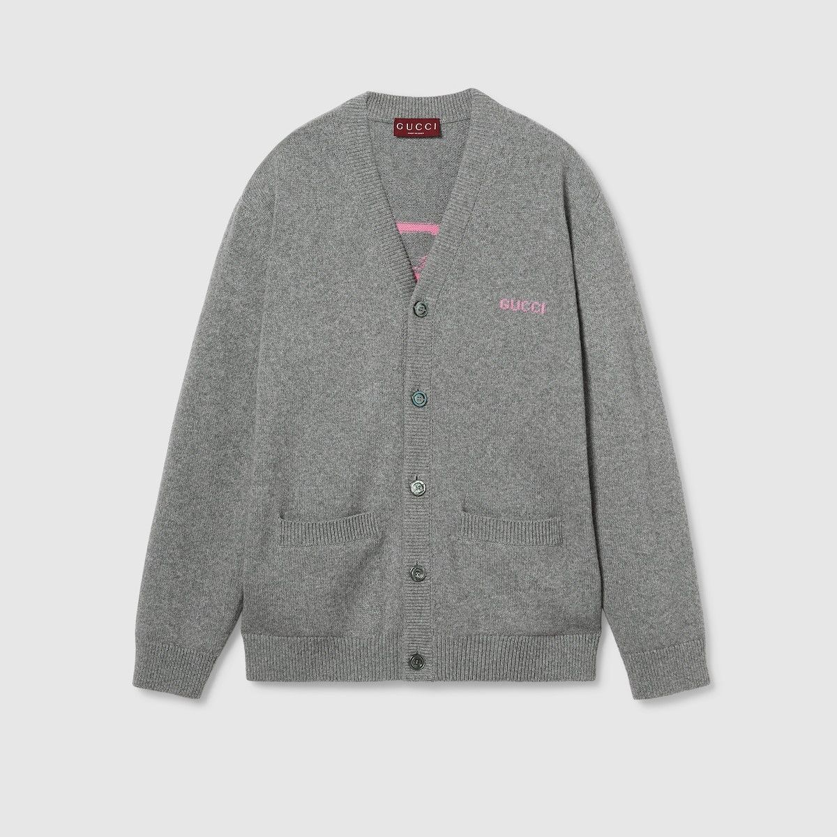 Gucci o1s1wg110925 Wool Cashmere Cardigan With Intarsia in Grey Size US XS / EU 42 / 0 - 1 Thumbnail