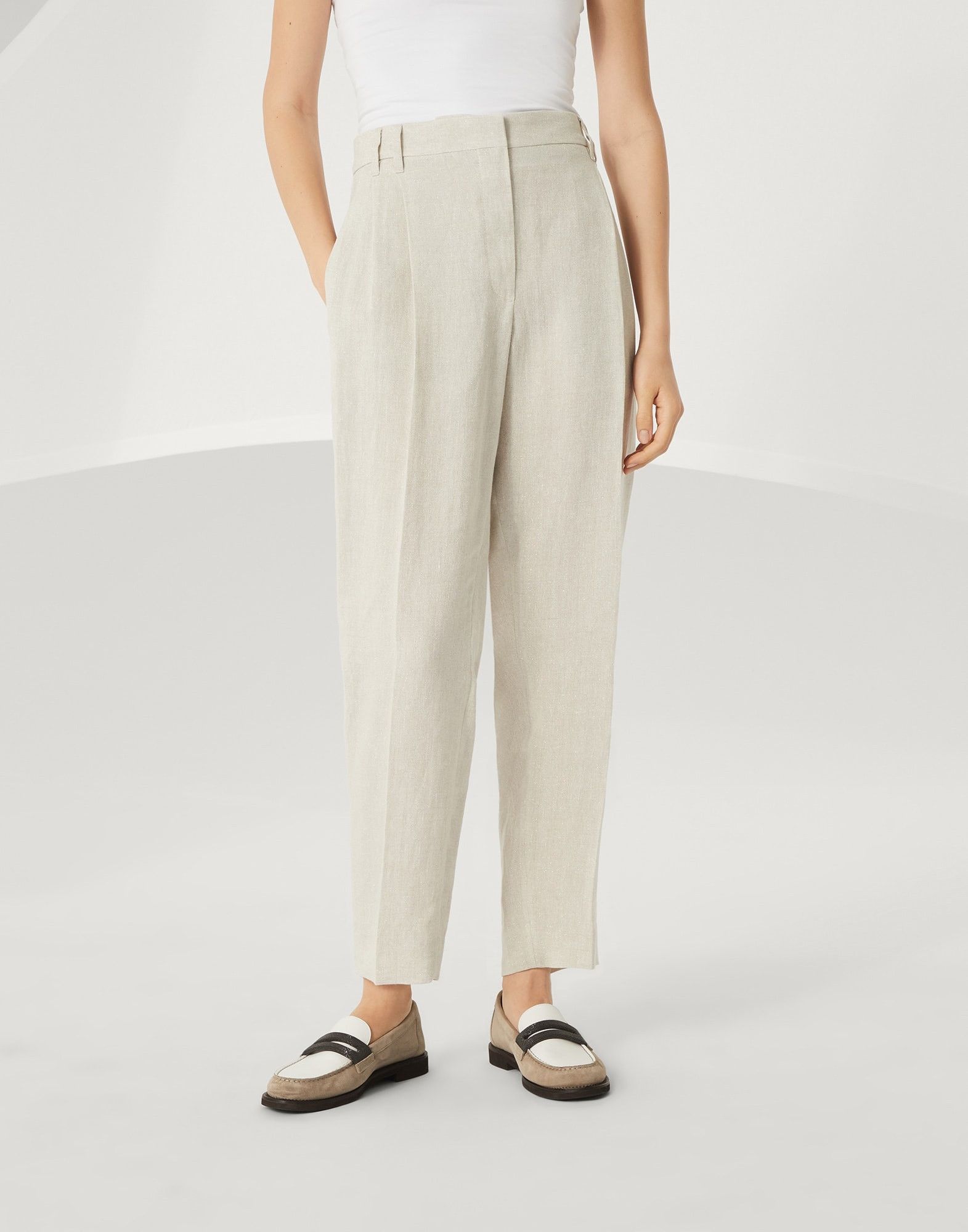 Brunello Cucinelli o1la1rc1a0326 Linen Sparkling Canvas Slouchy Trousers Beige Size 25" / US 0 / IT 36 - 1 Thumbnail
