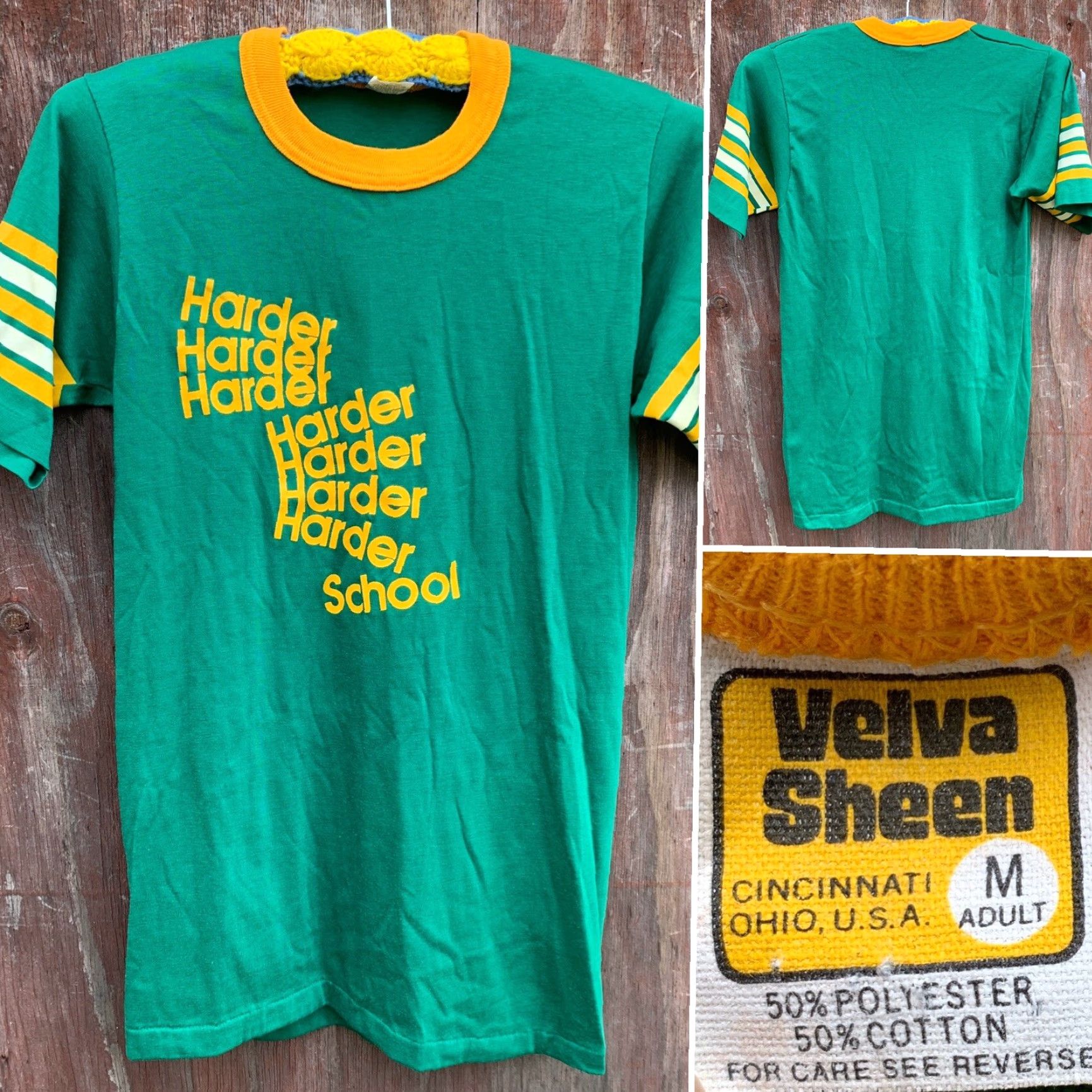 Velva Sheen VINTAGE Velva Sheen Harder School T Shirt Ringer Neck 70s 80s Made In USA M Green Graphic Tee Mens Size US M / EU 48-50 / 2 - 3 Thumbnail