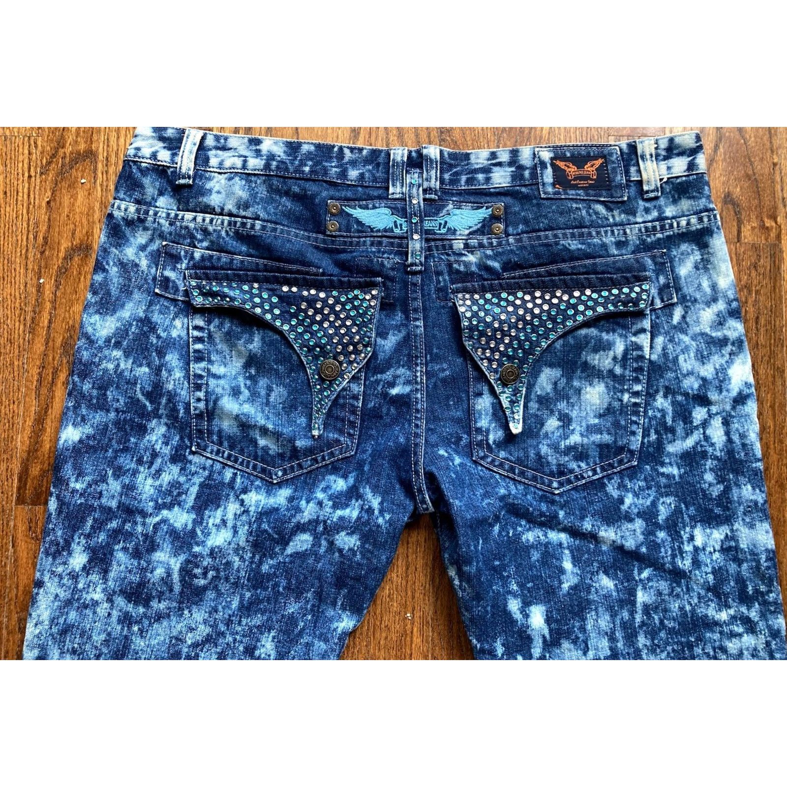 Vintage Robins Jeans Mens 42 Embellished Studded Long Flap Pocket Blue Acid Wash Denim Jeans 5-Pocket Design Straight Mens Size US 42 / EU 58 - 2 Thumbnail