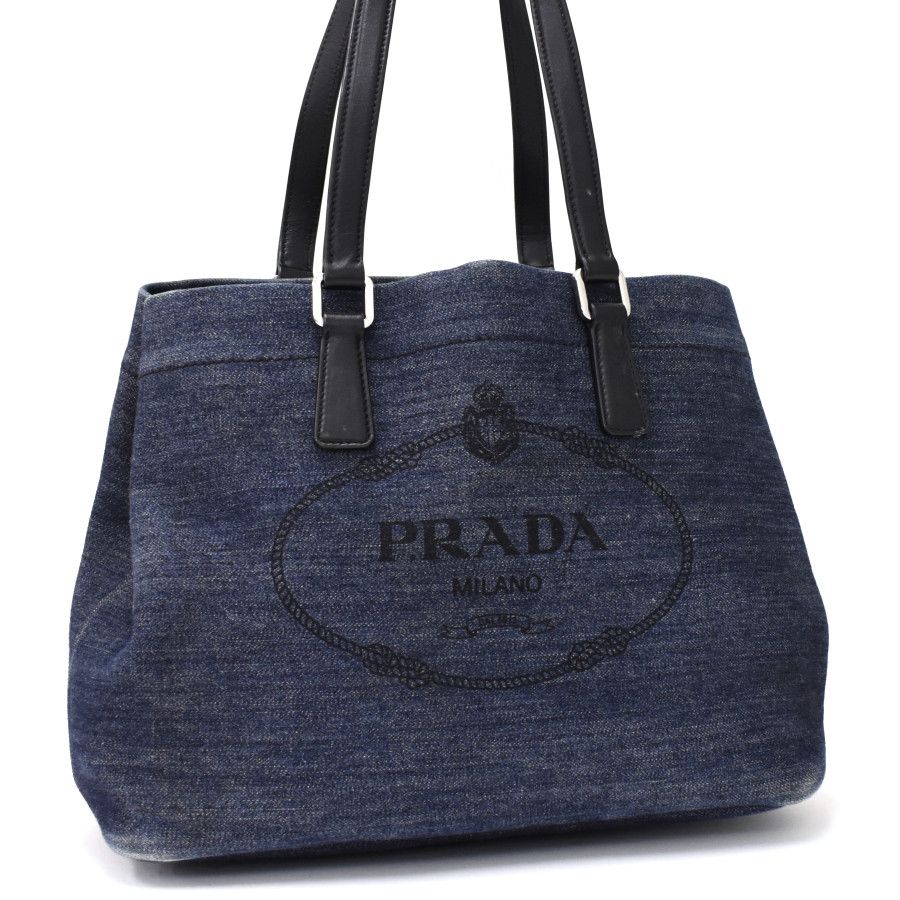 image of Prada Tote Bag Shoulder Bag Denim Leather Navy Black, Women's