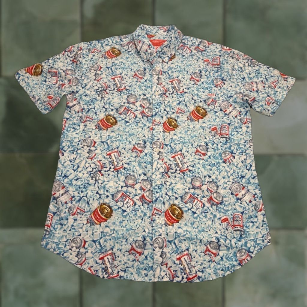 Budweiser RSVLTS Shirt Mens Large Blue Dads Cooler Budweiser Shirt Short Sleeve Button Up Size US L / EU 52-54 / 3 - 1 Thumbnail
