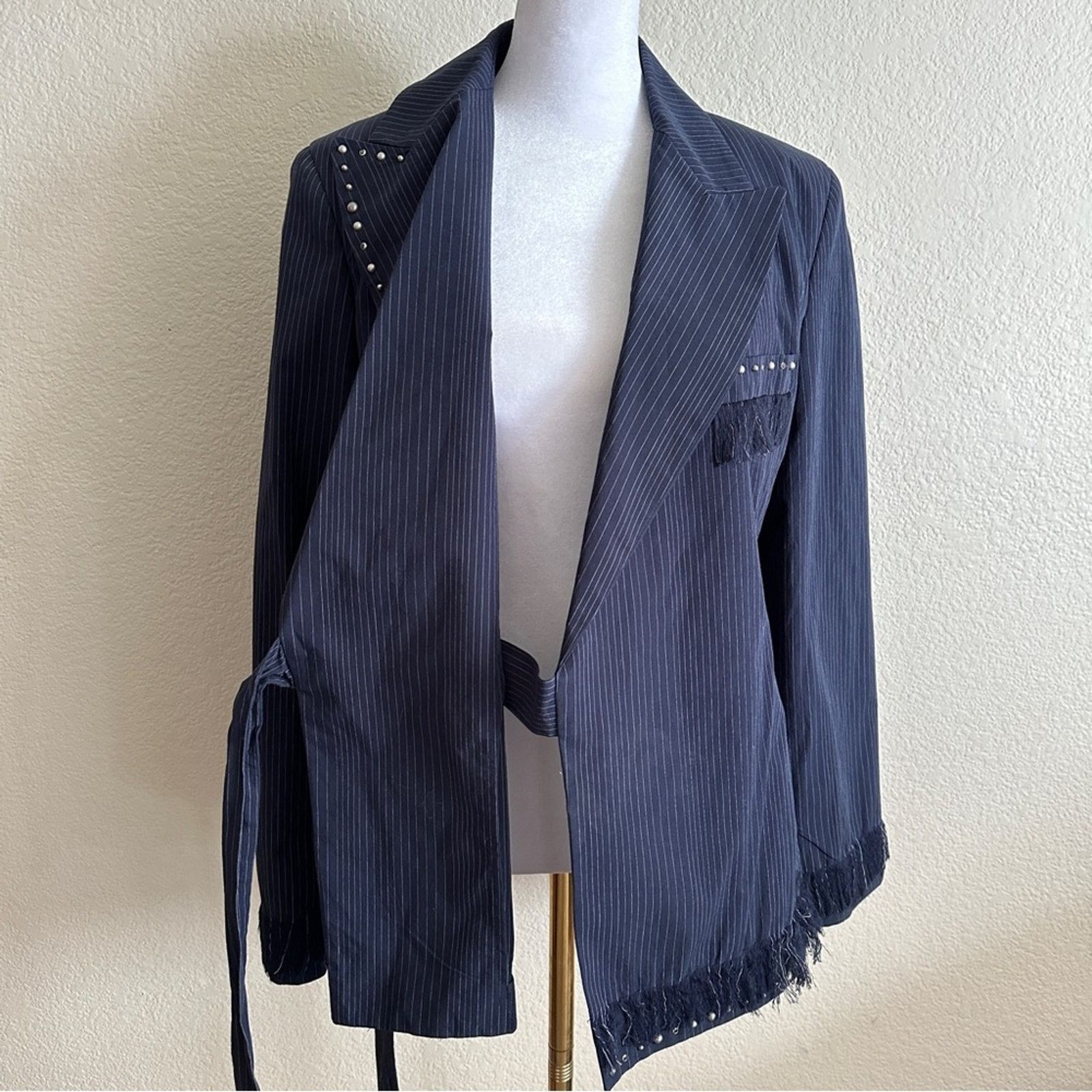 AGLINI AGLINI Pinstriped 100% COTTON Wrap Tie Blazer Blue White 42 Size M / US 6-8 / IT 42-44 - 4 Thumbnail