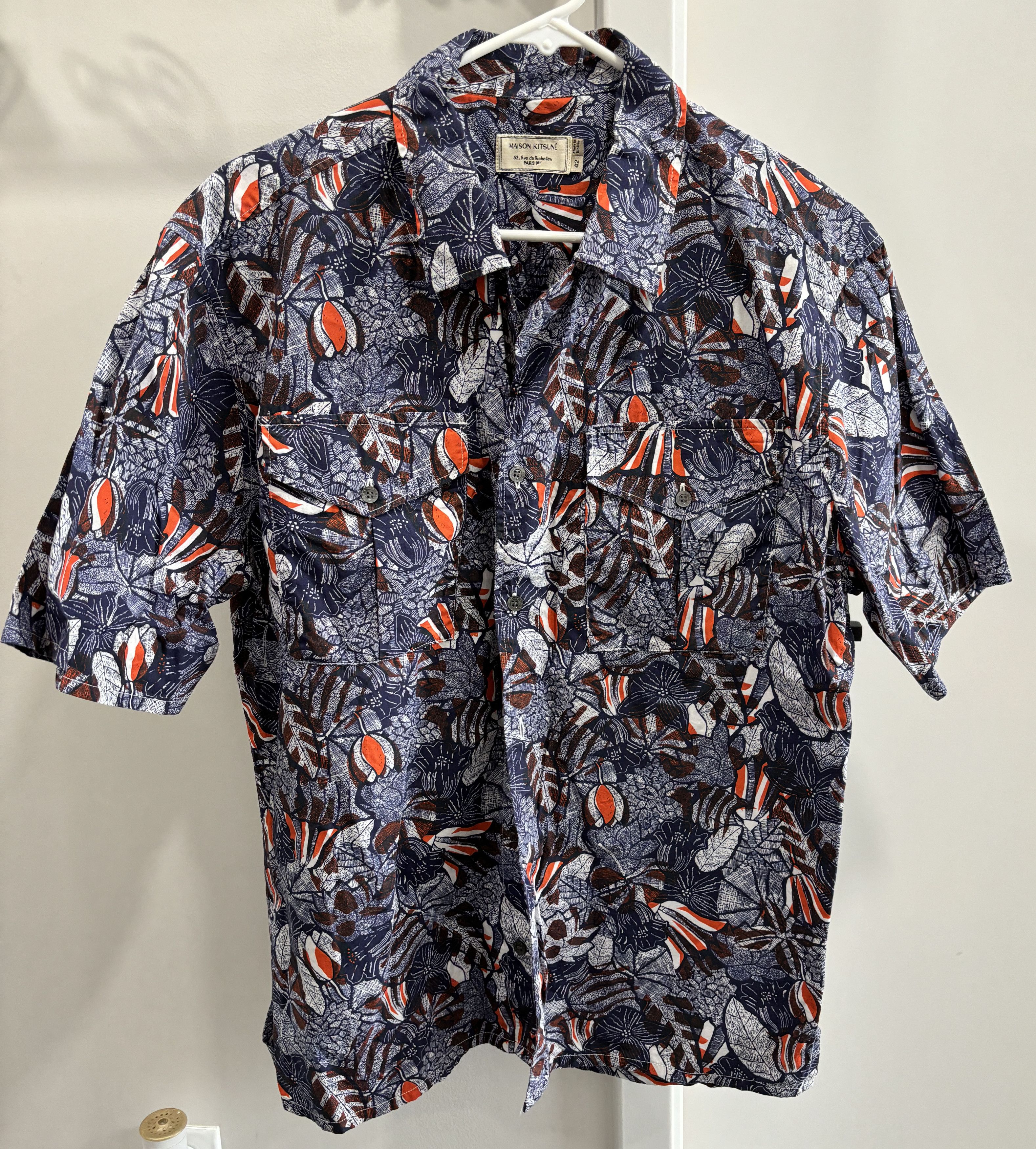 image of Maison Kitsune Navy Tropical Camp Collar Shirts, Men's (Size Large)