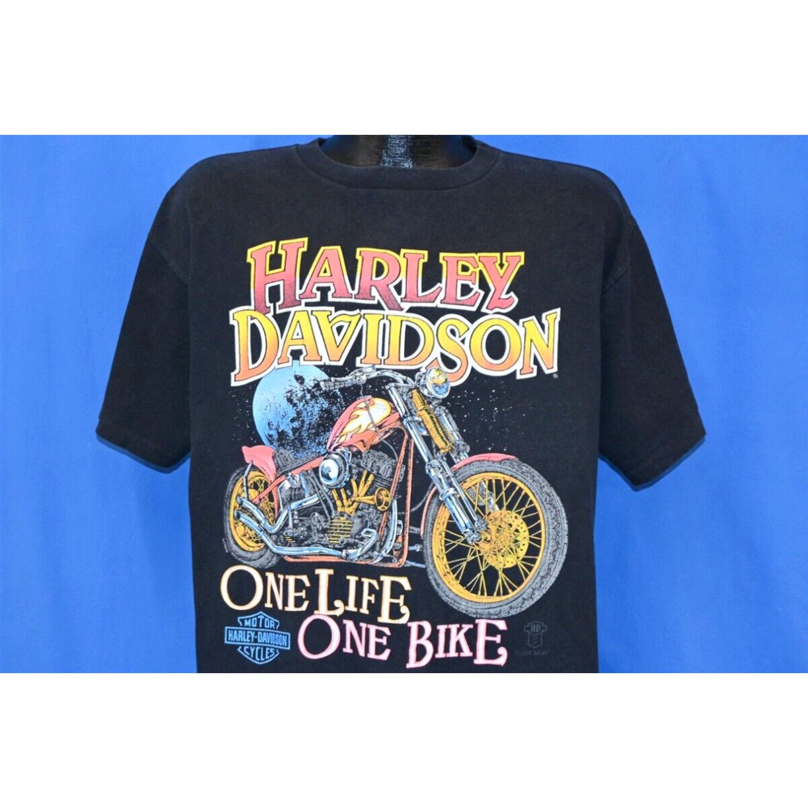 image of Vintage 90's Harley Davidson Motorcycles One Life One Bike Night Sky T-Shirt XL in White, Men's