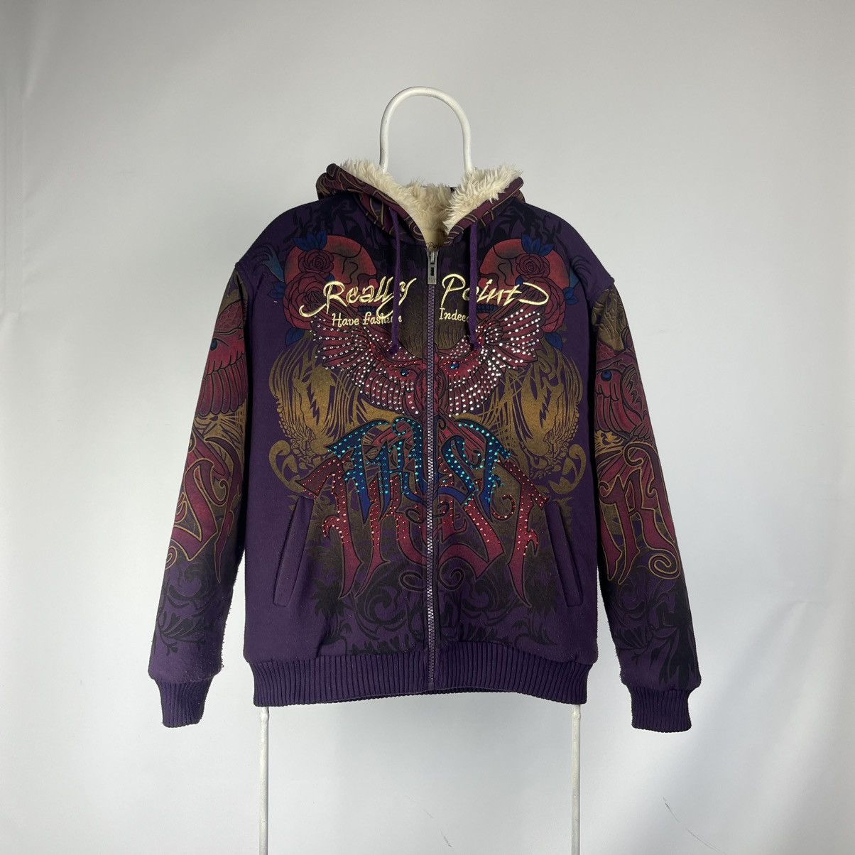 Ed Hardy Really Point Y2K Rhinestones Skull Print Zip Hoodie Jacket Size US L / EU 52-54 / 3 - 1 Thumbnail