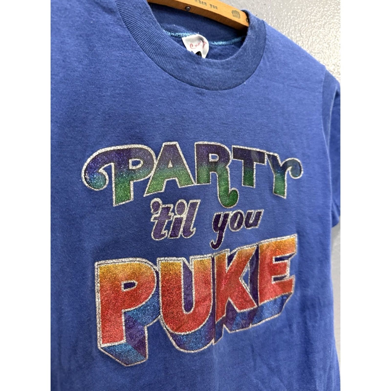 Vintage VINTAGE Party Till You Puke Iron On Blue Tee Shirt S Stedman Men T-Shirt 70s Size US S / EU 44-46 / 1 - 4 Thumbnail
