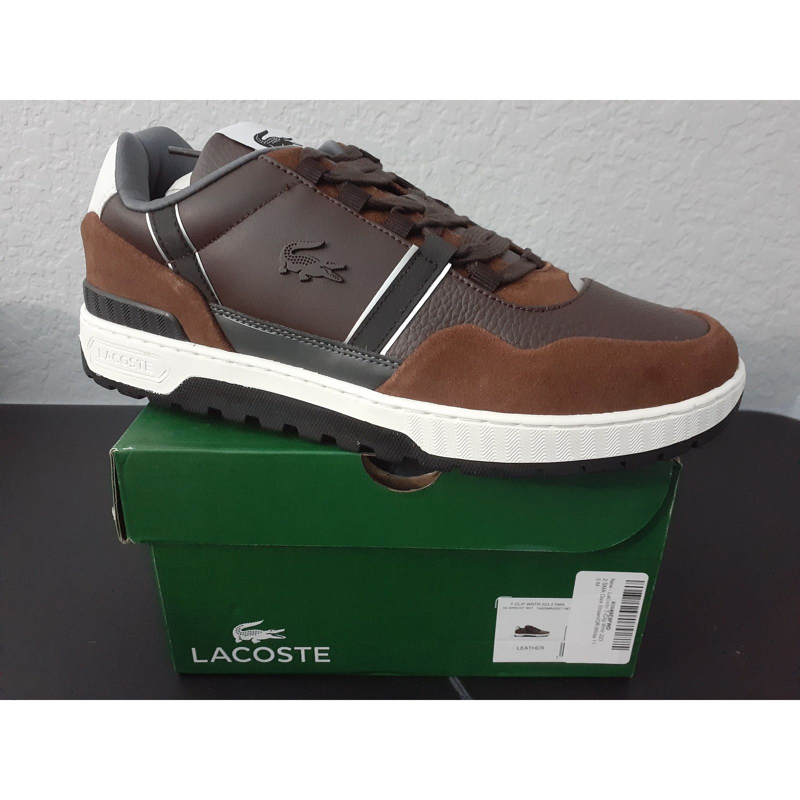 Lacoste Men's Sneaker T-Clip Dark Brown/Off-White 11.5 M