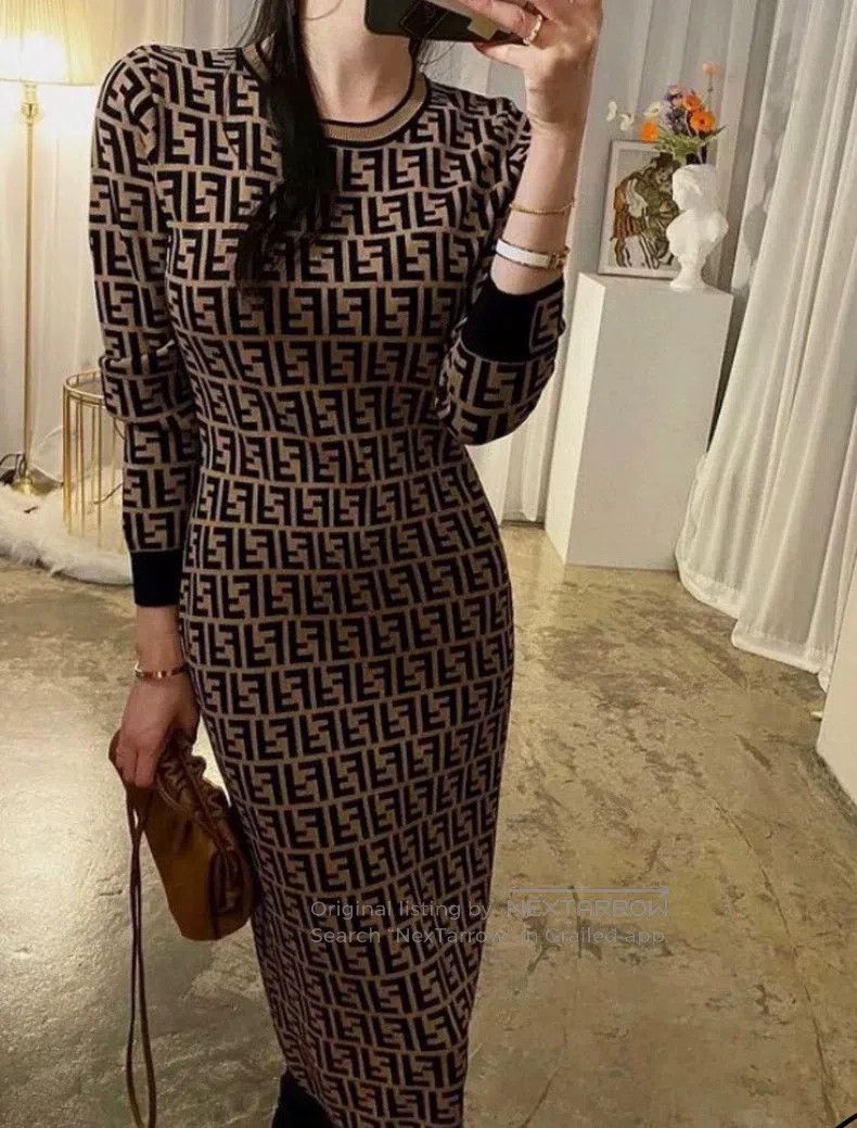 Fendi Fendi Brown Monogrammed Knitted Long Sleeve Bodycon Dress Size XS / US 0-2 / IT 36-38 - 7 Thumbnail