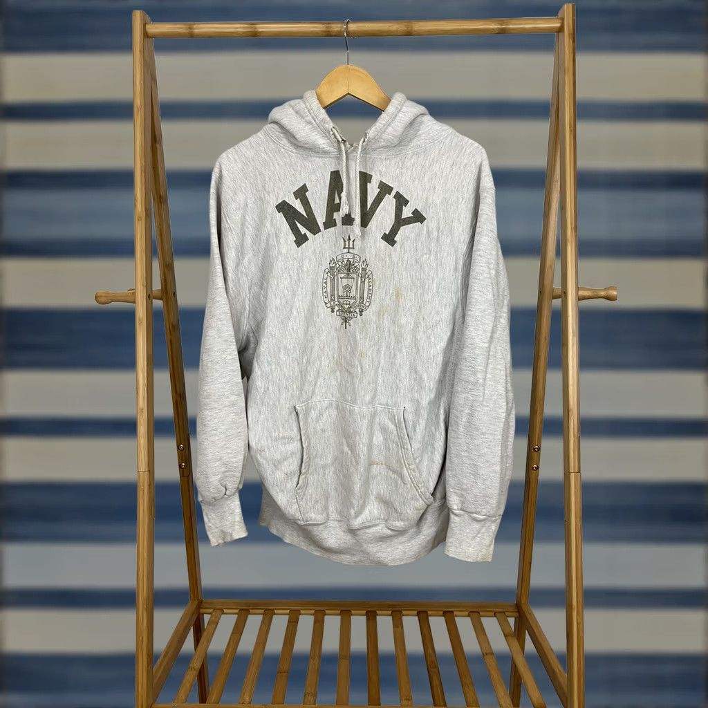 Vintage VTG US Navy Naval Academy Crest Reverse Weave Hoodie Sweatshirt Distressed L USA Hoodie Mens Large Heather Gray Reversible USA Flag Theme Size US L / EU 52-54 / 3 - 1 Thumbnail