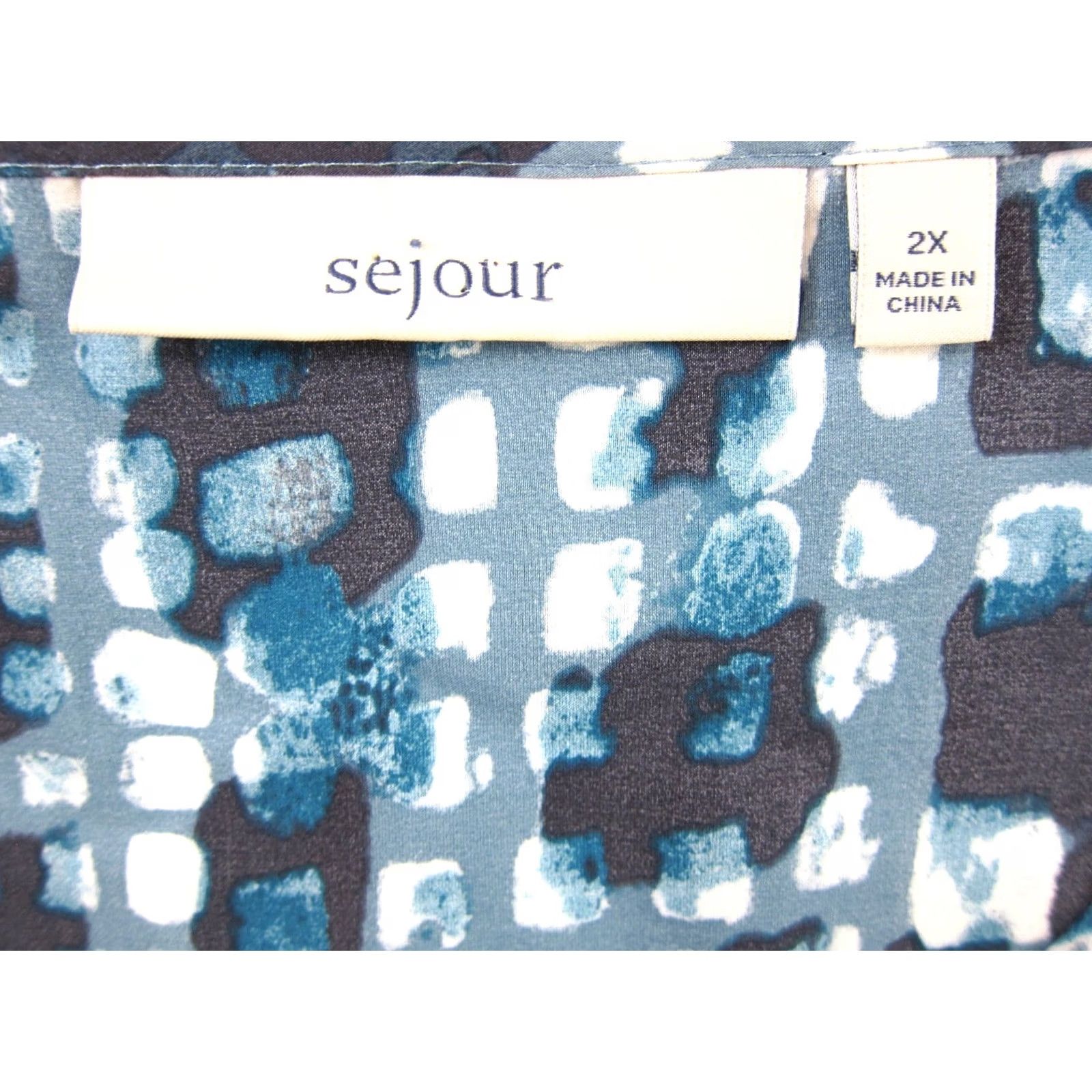 Vintage Sejour Blouse 2X Women V-Neck Boxy Rayon Abstract Blue White Brown Short Sleeve Geometric 90s Classic Casual/Business Size XXL / US 16-18 / IT 52-54 - 3 Thumbnail