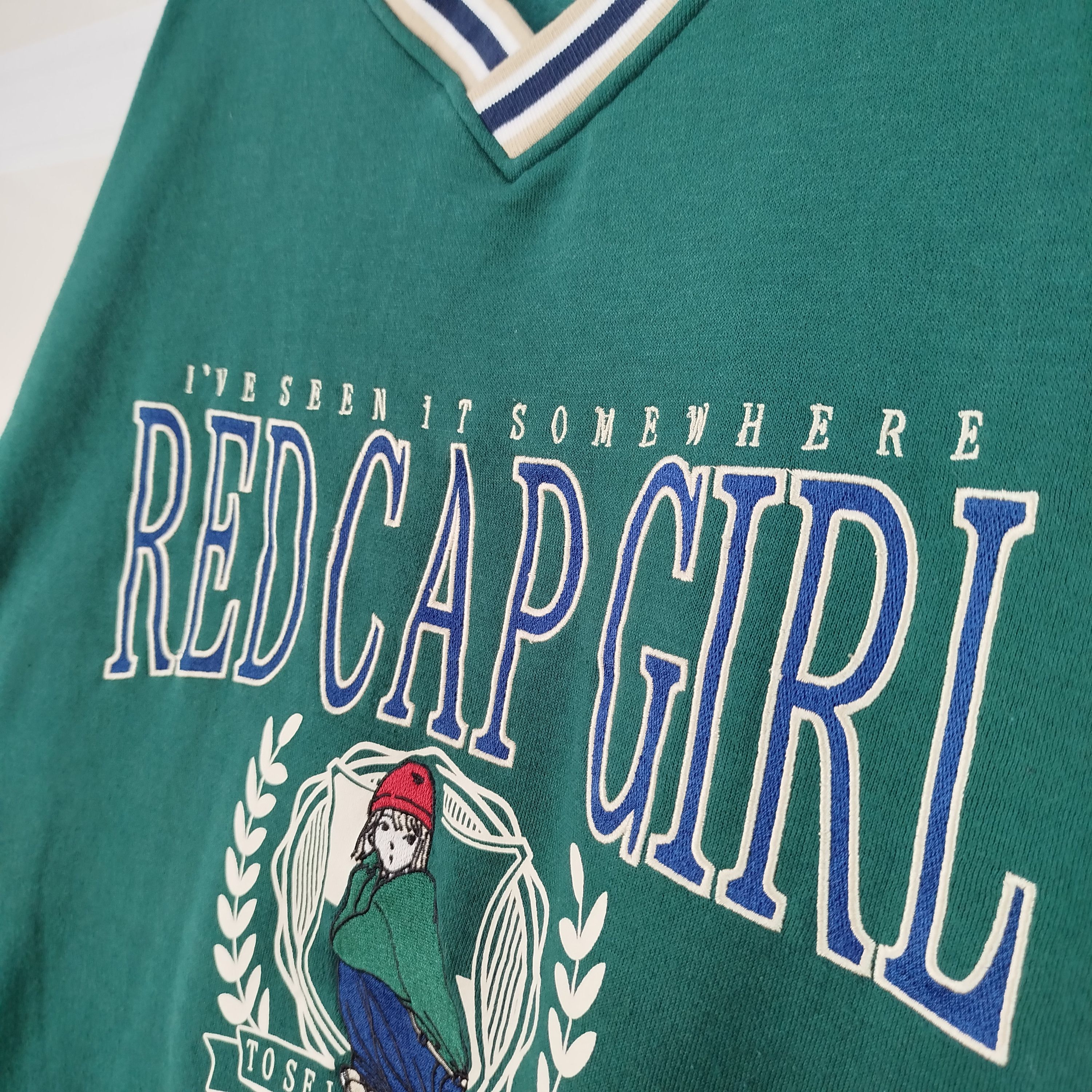 Japanese Brand Red Cap Girl Embroidery Big Logo V Roundneck Vintage Style Size US XL / EU 56 / 4 - 4 Thumbnail