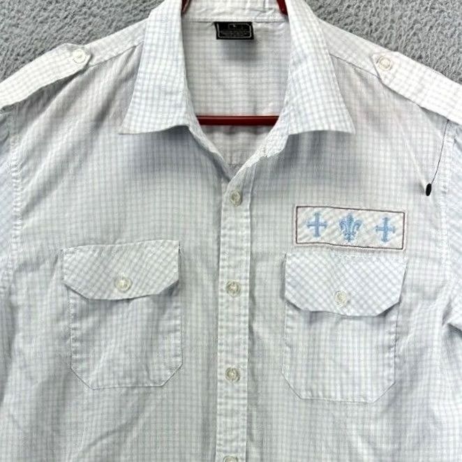 Vintage Irreverent Button Up Shirt Mens Large Blue Gingham Plaid Patch Work Flap Pockets Size US L / EU 52-54 / 3 - 2 Thumbnail