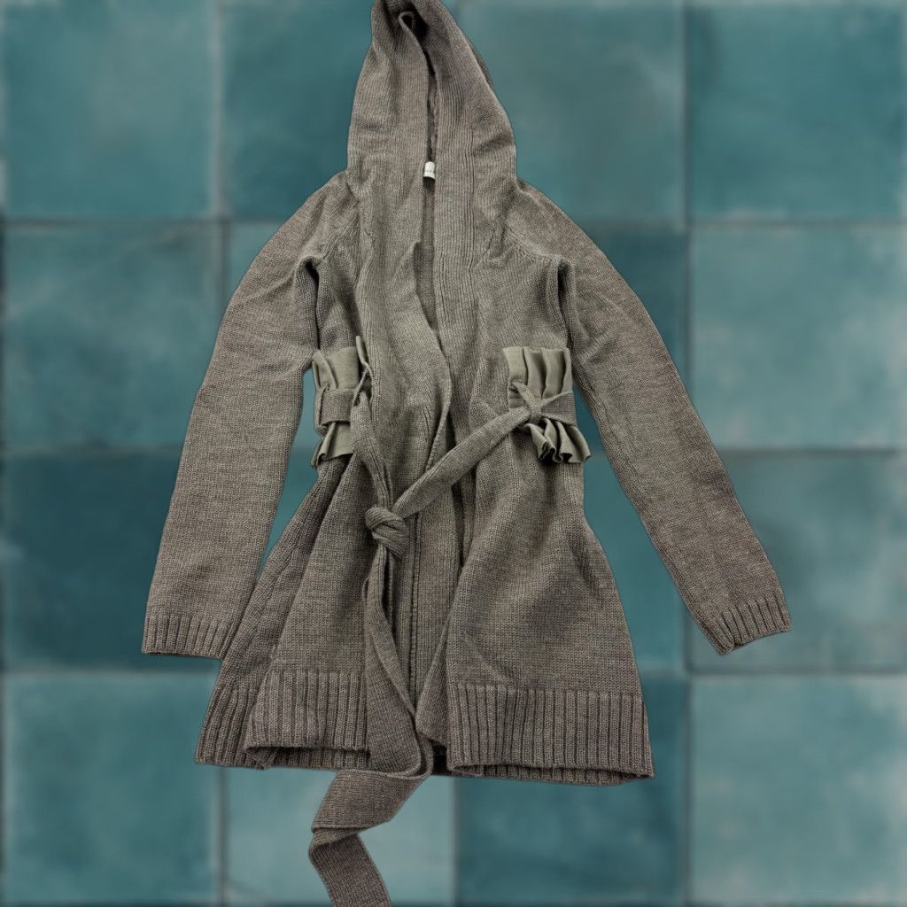 Vintage Charlie & Robin Cardigan Sweater Womens XS Gray 100% Wool Hooded Belted Ruffle Knit Open Front Winter Casual Mens Womens Girls Boys Size XS / US 0-2 / IT 36-38 - 1 Thumbnail