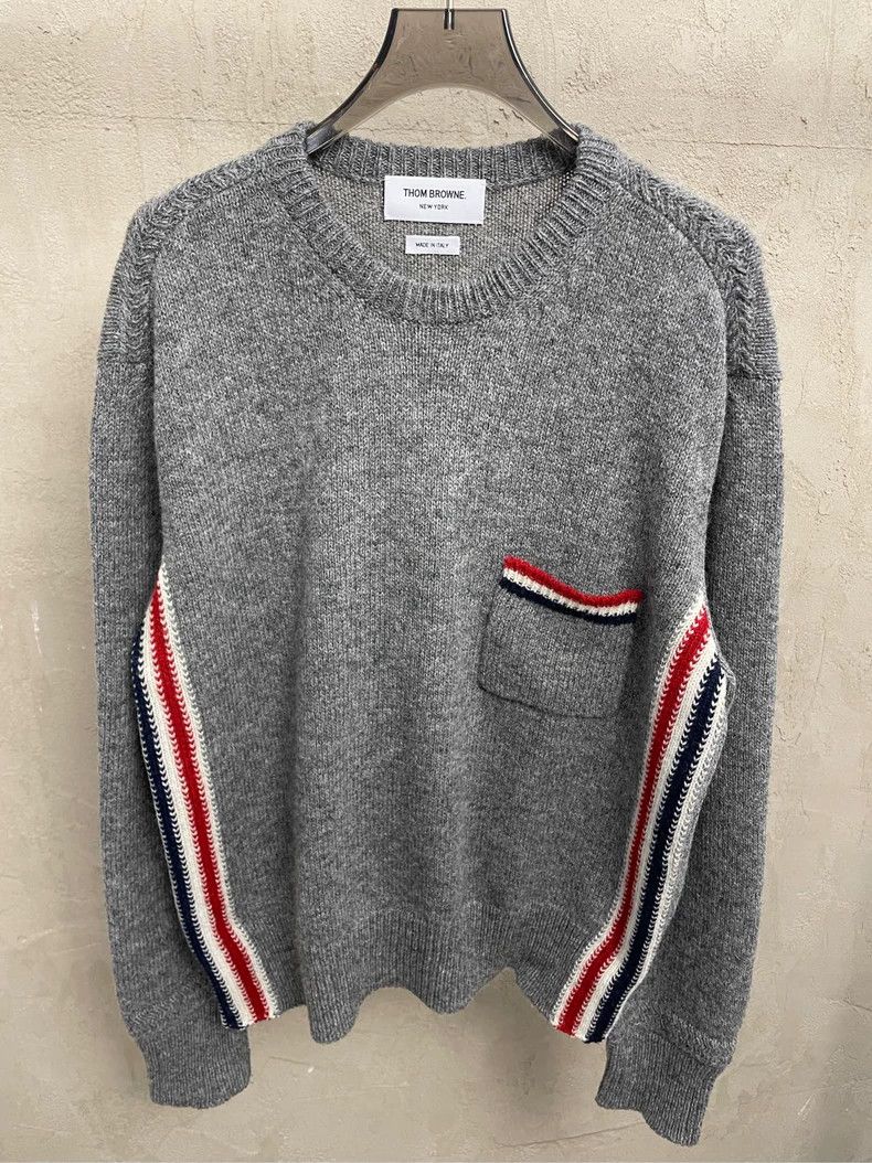 Thom Browne Thom browne Gray pocket side stripe wool round-neck sweater Size US M / EU 48-50 / 2 - 3 Thumbnail