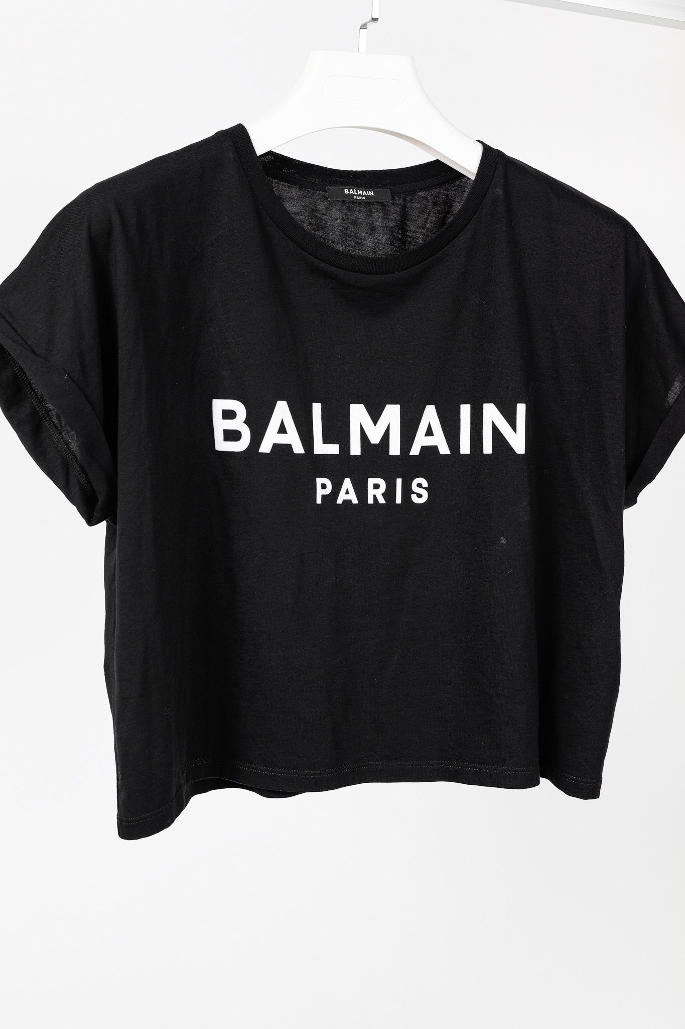 Balmain Balmain Black Cotton Cropped Velvet-Logo-Print T-Shirt Size L / US 10 / IT 46 - 3 Thumbnail