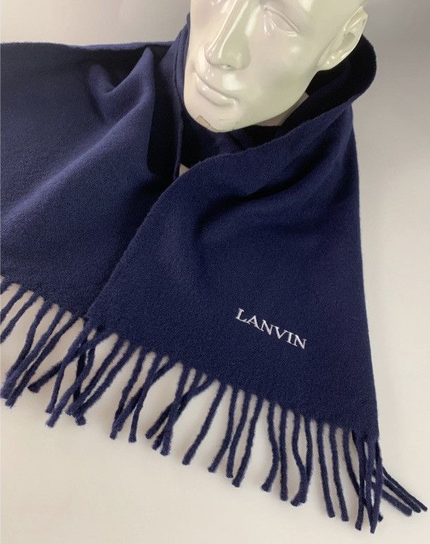 Lanvin 🇮🇹 navy wool fringe ends embroidered scarf NEW