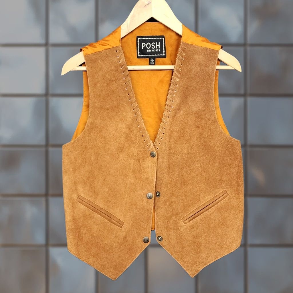 Vintage Posh Suede Leather Vest Womens Large Western Yellowstone Cowgirl Rancher Snap Vest Sleeveless Brown L Snap Womens Size L / US 10 / IT 46 - 1 Thumbnail