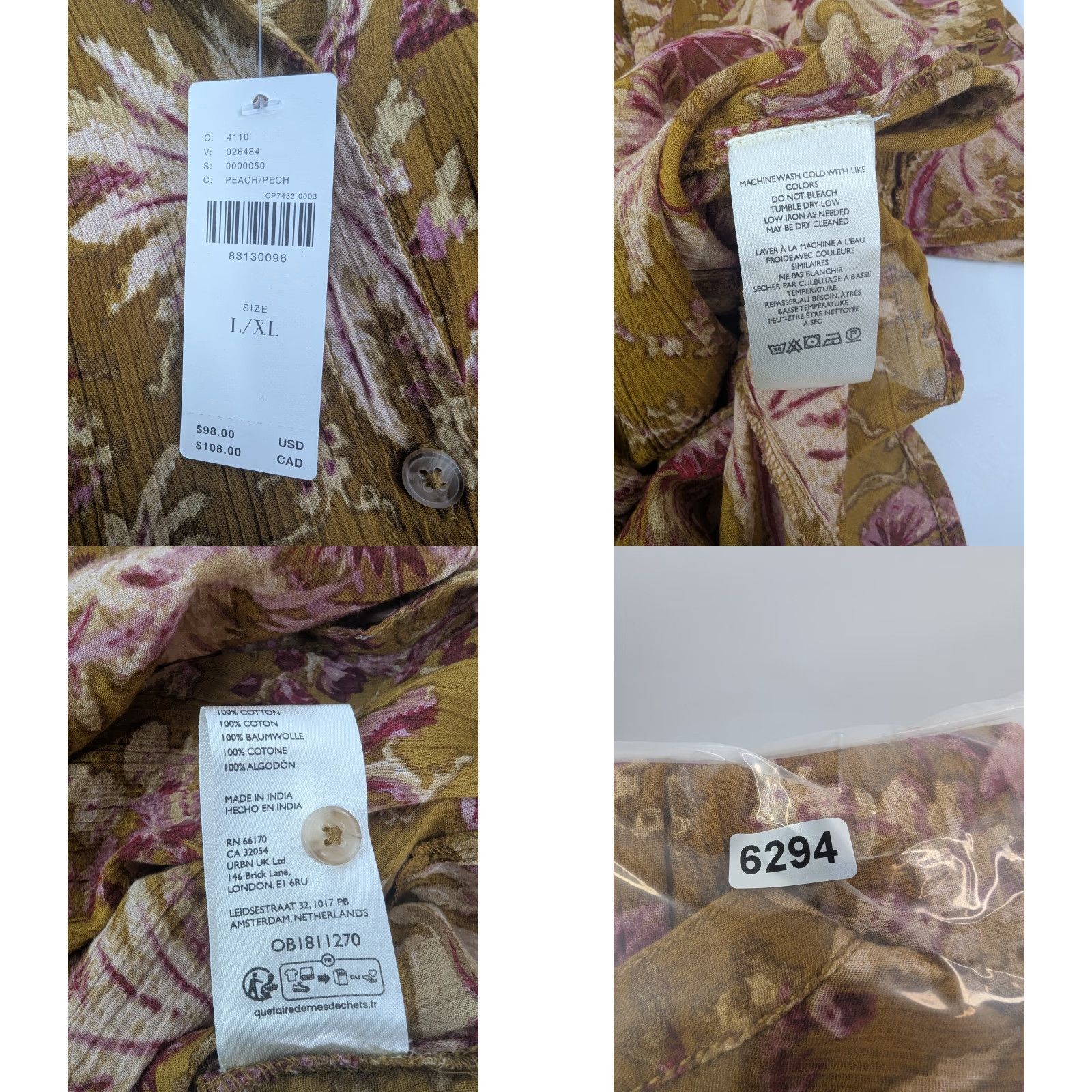 Anthropologie NWT Anthropologie Blouse Shirt Floral Short-Sleeve Batwing Peaches Cotton Women's L/XL Regular • Boho, College, Festival, Love, 90s? Size L / US 10 / IT 46 - 8 Thumbnail