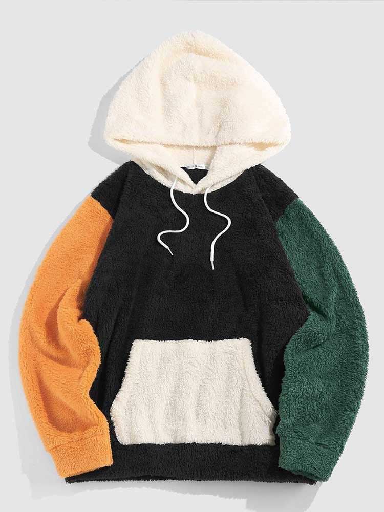 image of Faux Shearling Hoodie For Men Color Block Fuzzy Sweatshirt (Size Medium)