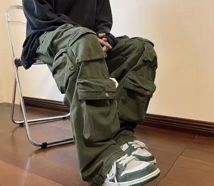 Japanese Brand Olive Green Baggy Cargo Pants - Y2K Skate Streetwear Size US 31 - 11 Thumbnail