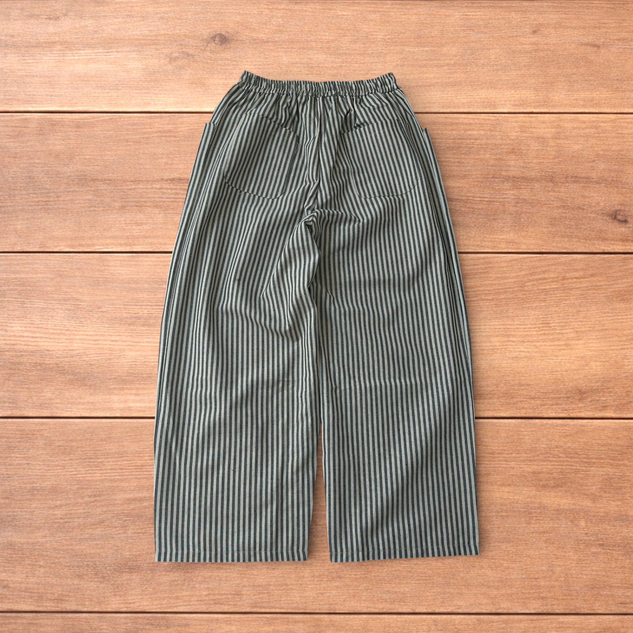 Japanese Brand Baggy wide leg striped linen style trousers in beige/black. Size US 34 / EU 50 - 2 Thumbnail