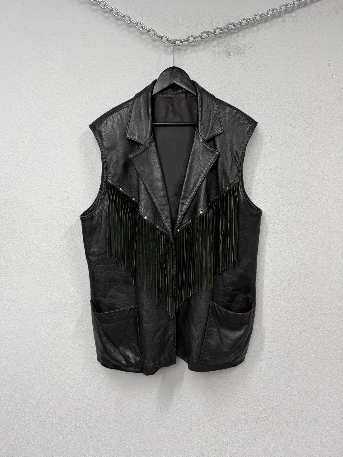 Vintage Black Leather Fringe Biker Vest Embossed Back Y2K