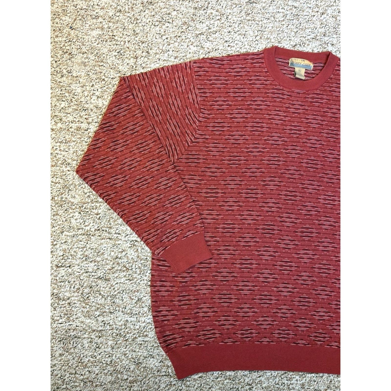 Vintage Bobby Chan Silk Cotton Knit Crew Neck Pullover Sweater Red Geometric • Size XL Size US XL / EU 56 / 4 - 2 Thumbnail