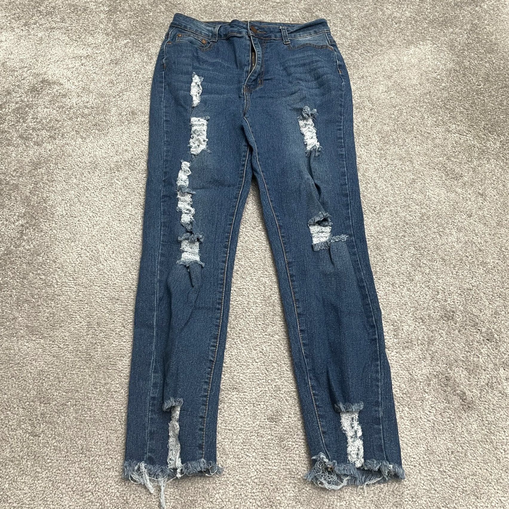 Vintage B.O.B Jeans Distressed Skinny Denim 28x26 Juniors 13/14 Blue Dark Wash High Rise Women Womens Jeans Size 34" / US 12 / IT 48 - 2 Thumbnail