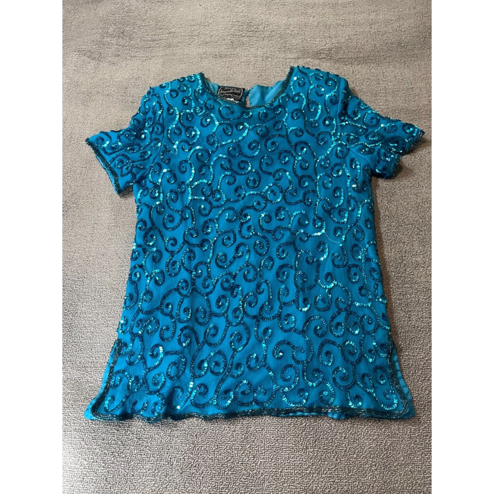 Joseph VINTAGE Jean for Joseph Le Bon Blouse Womens 6 Petite P Blue Beaded Swirl Pattern Silk 1980s Cocktail Womens Size M / US 6-8 / IT 42-44 - 2 Thumbnail