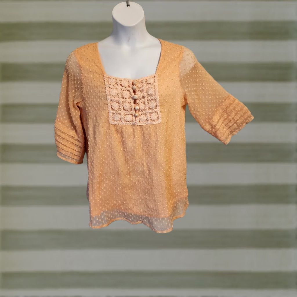 Denime Denim 24/7 Blouse Shirt 14W Plus Peach Semi Sheer Chiffon Lined Dotted Swiss Square Neck 3/4 Sleeve Womens Boys Size XL / US 12-14 / IT 48-50 - 1 Thumbnail