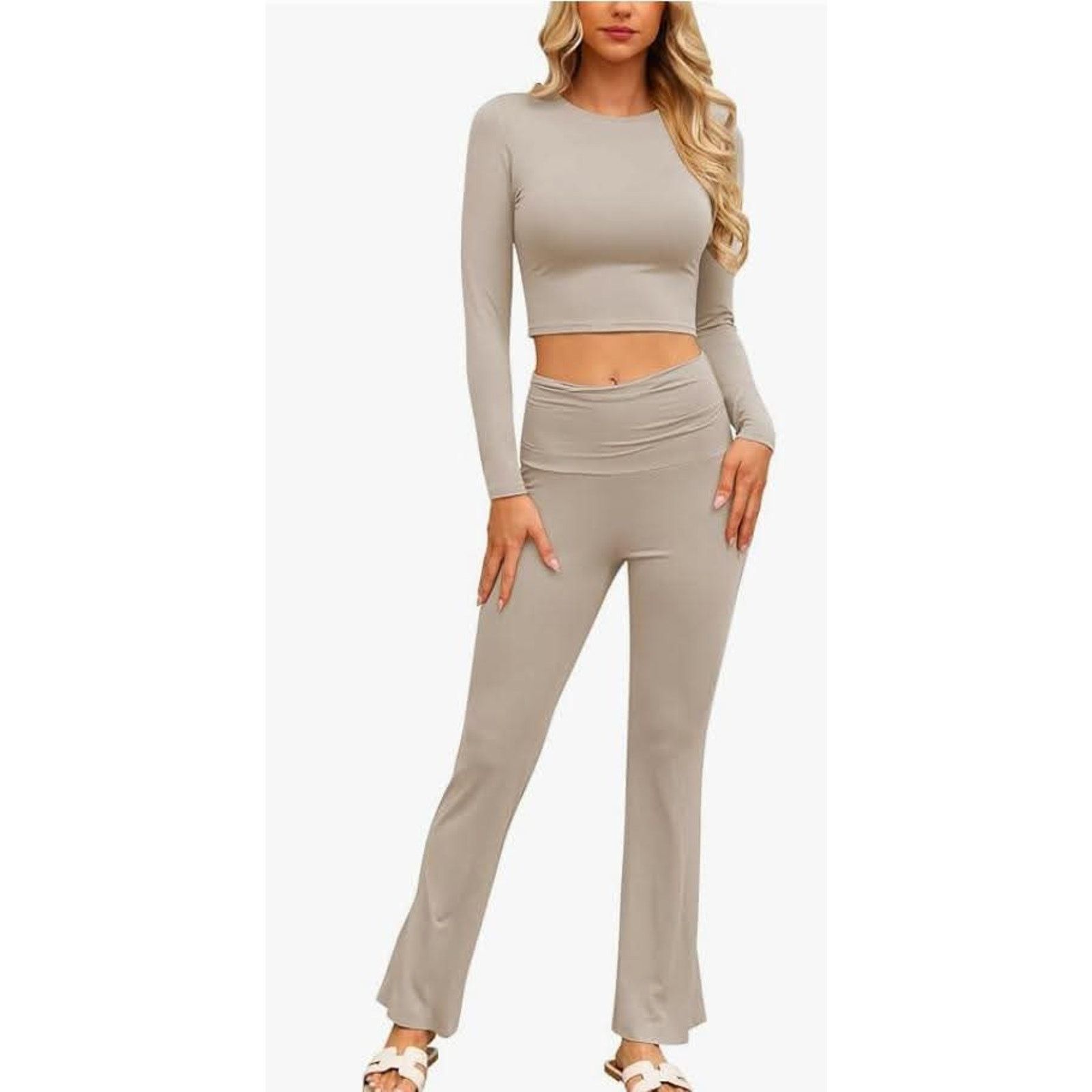 The Unbranded Brand Lounge Set Fold-Over Flare Pants,Long Sleeve LARGE Oatmeal Size L / US 10 / IT 46 - 1 Thumbnail