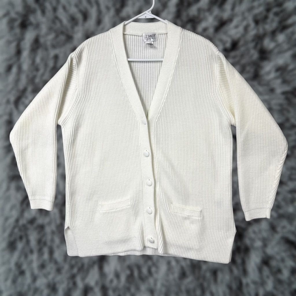 Vintage Liz Baker Essentials Cardigan XL White Knit Long Sleeve V-Neck Pockets Solid Cozy Preppy Classic Winter Women Sweater Size XL / US 12-14 / IT 48-50 - 1 Thumbnail