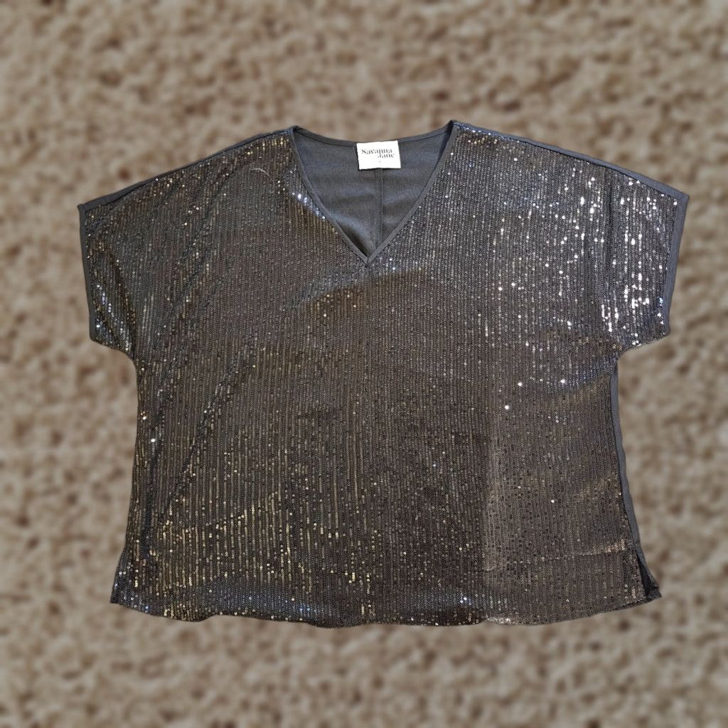 Vintage Savanna Jane Top Womens 3X Black Sequins Shimmer Short Sleeve Boxy V-Neck Pullover blouse Holiday Mens Womens Girls Size XXL / US 16-18 / IT 52-54 - 1 Thumbnail