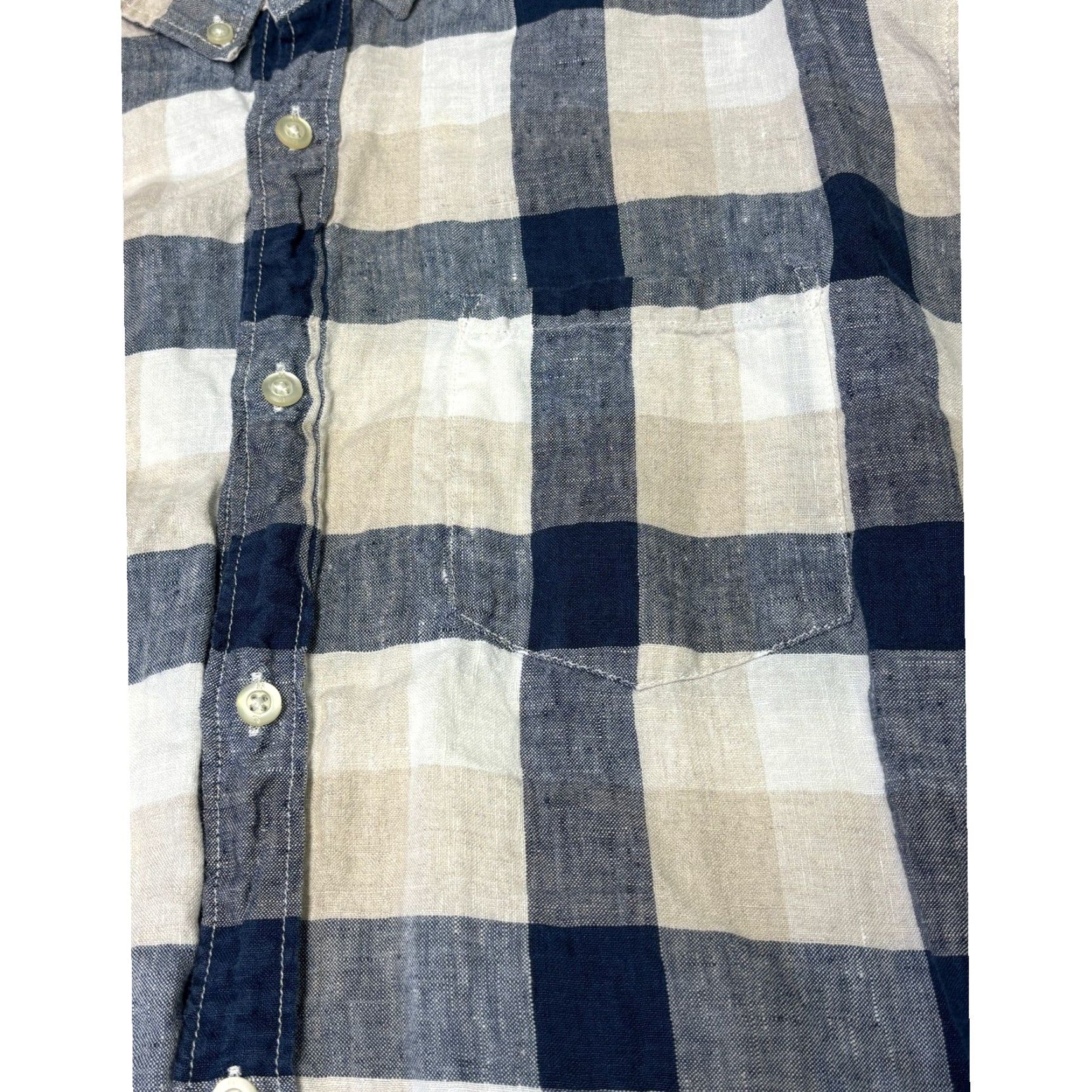 Banana Republic VINTAGE Banana Republic Camden Fit Shirt Navy Tan Buffalo Check Plaid XL Men Long Sleeve Button-Up Pocket 100% Linen Size US XL / EU 56 / 4 - 2 Thumbnail