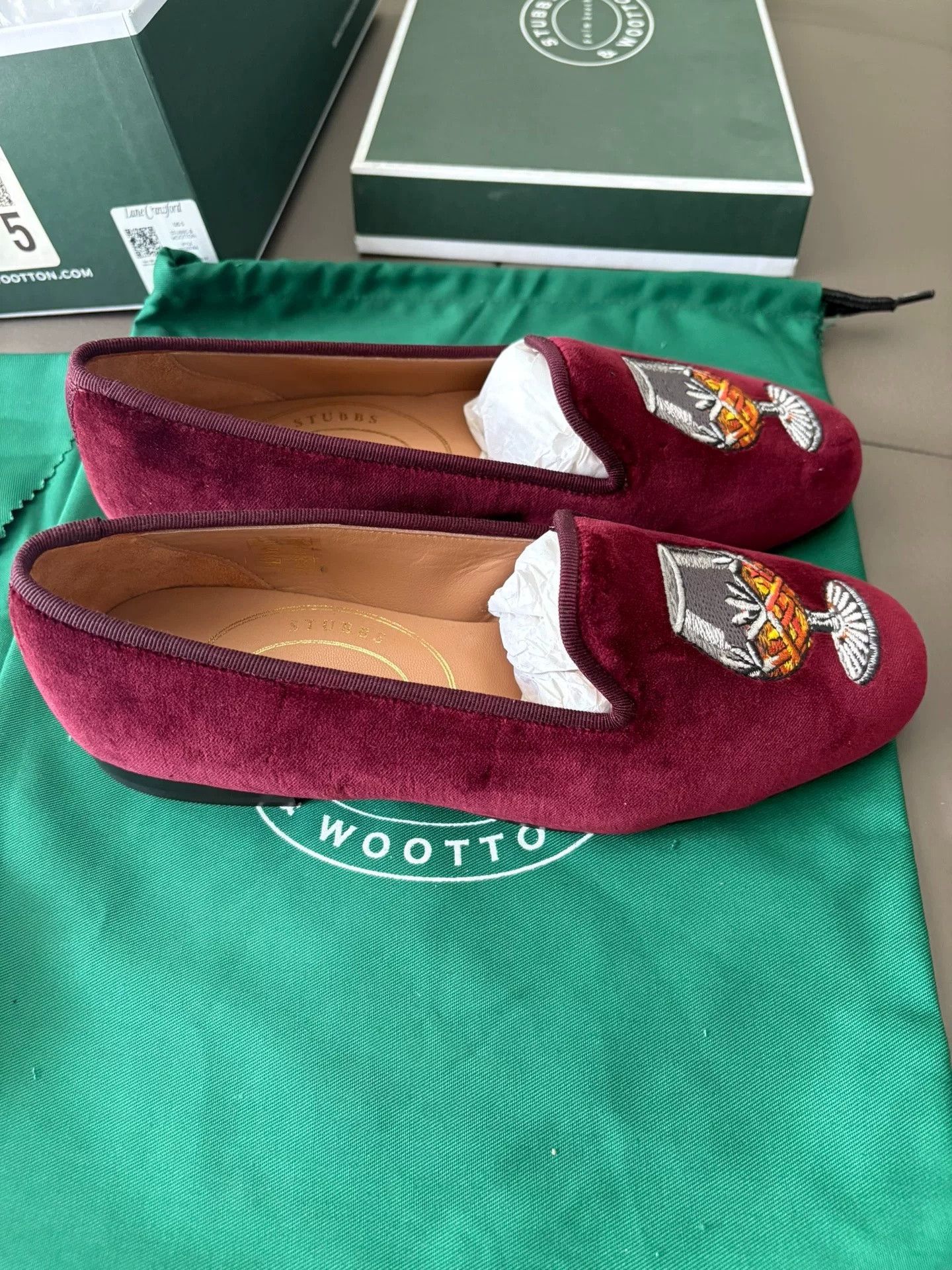 Stubbs & Wootton Wine Red Velvet Loafers, Women's (Size 5) — image 4 of 6