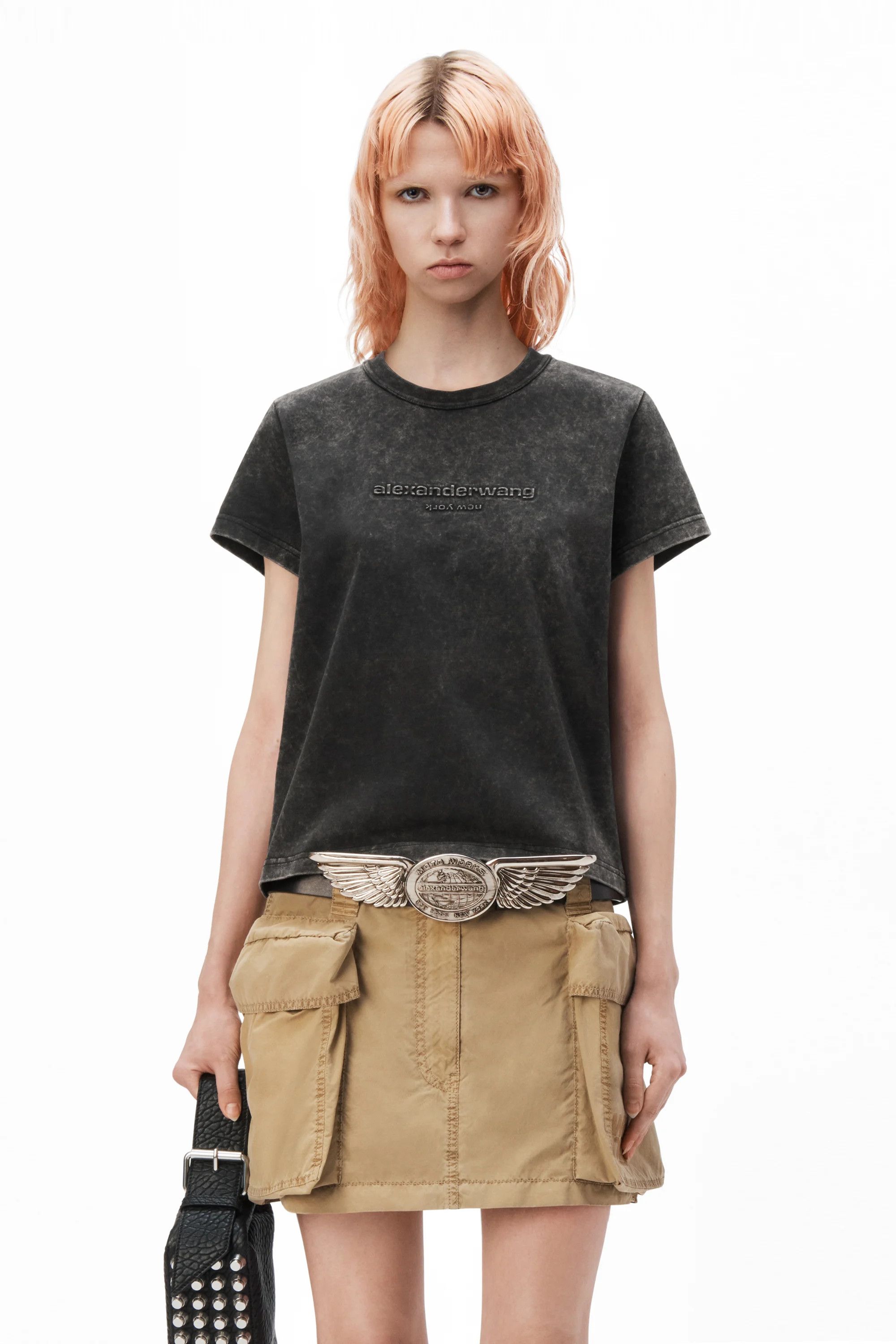 Black Acid Wash Embossed Logo Shrunken T-Shirt, Women's