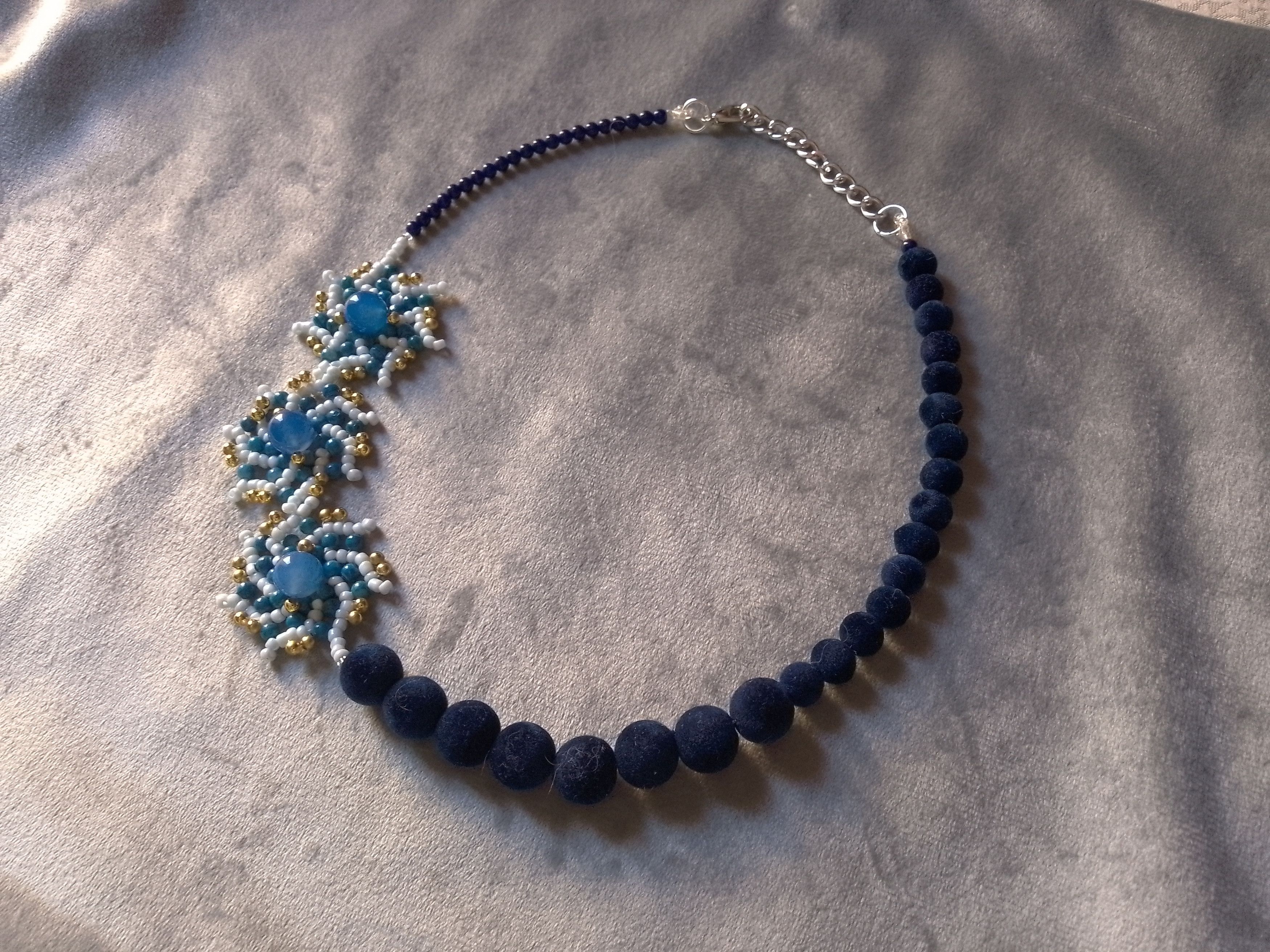 Handmade Glamour Necklace Blue Agate stones +Velvet dark Blue Pearls Size ONE SIZE - 1 Thumbnail
