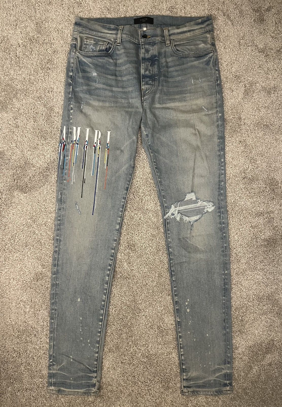 Image of Amiri Paint Drip Core Logo Jeans in Indigo, Men's (Size 40)