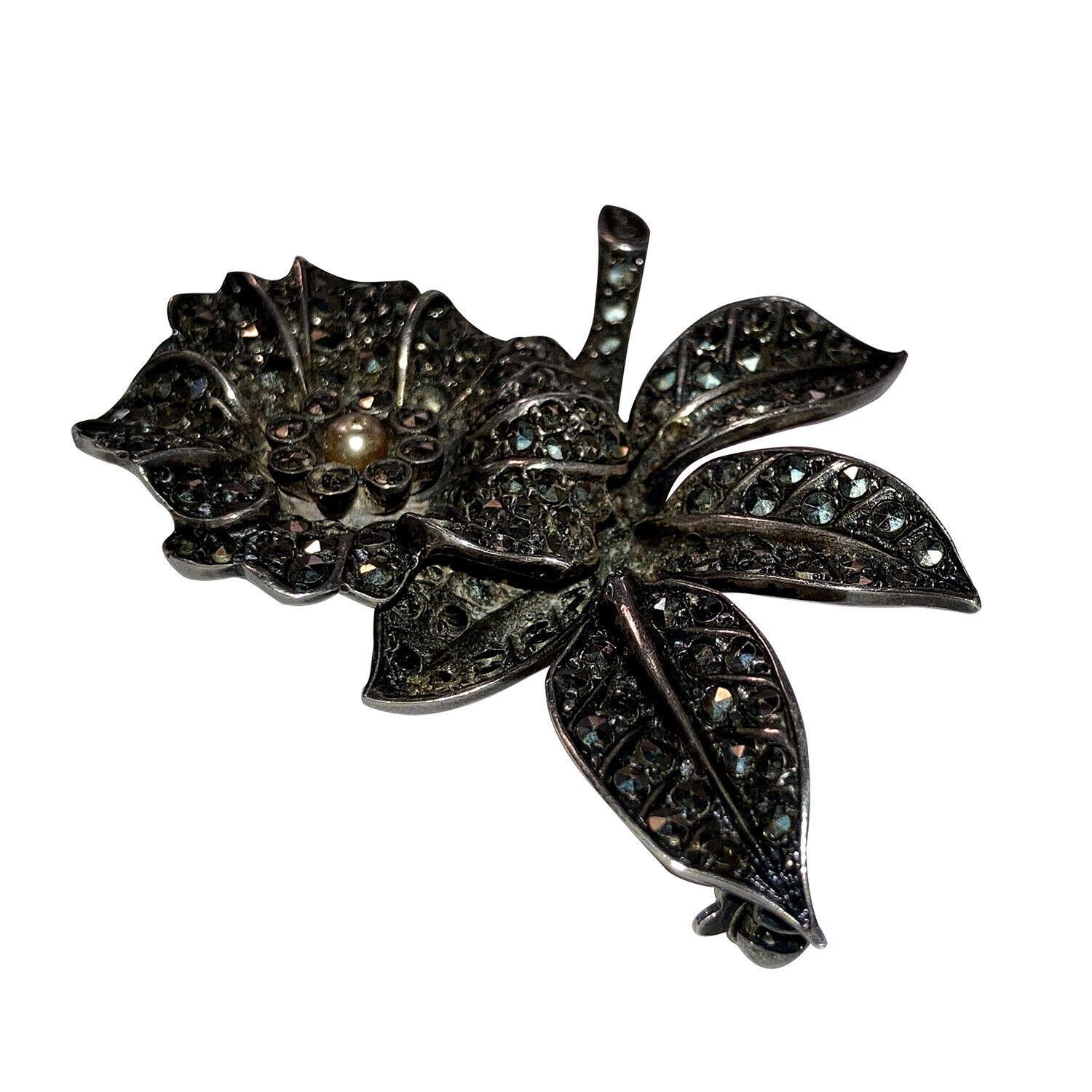 Designer Art Deco 800 Silver Marcasite Flower with Leaves Pin Brooch Size ONE SIZE - 3 Thumbnail