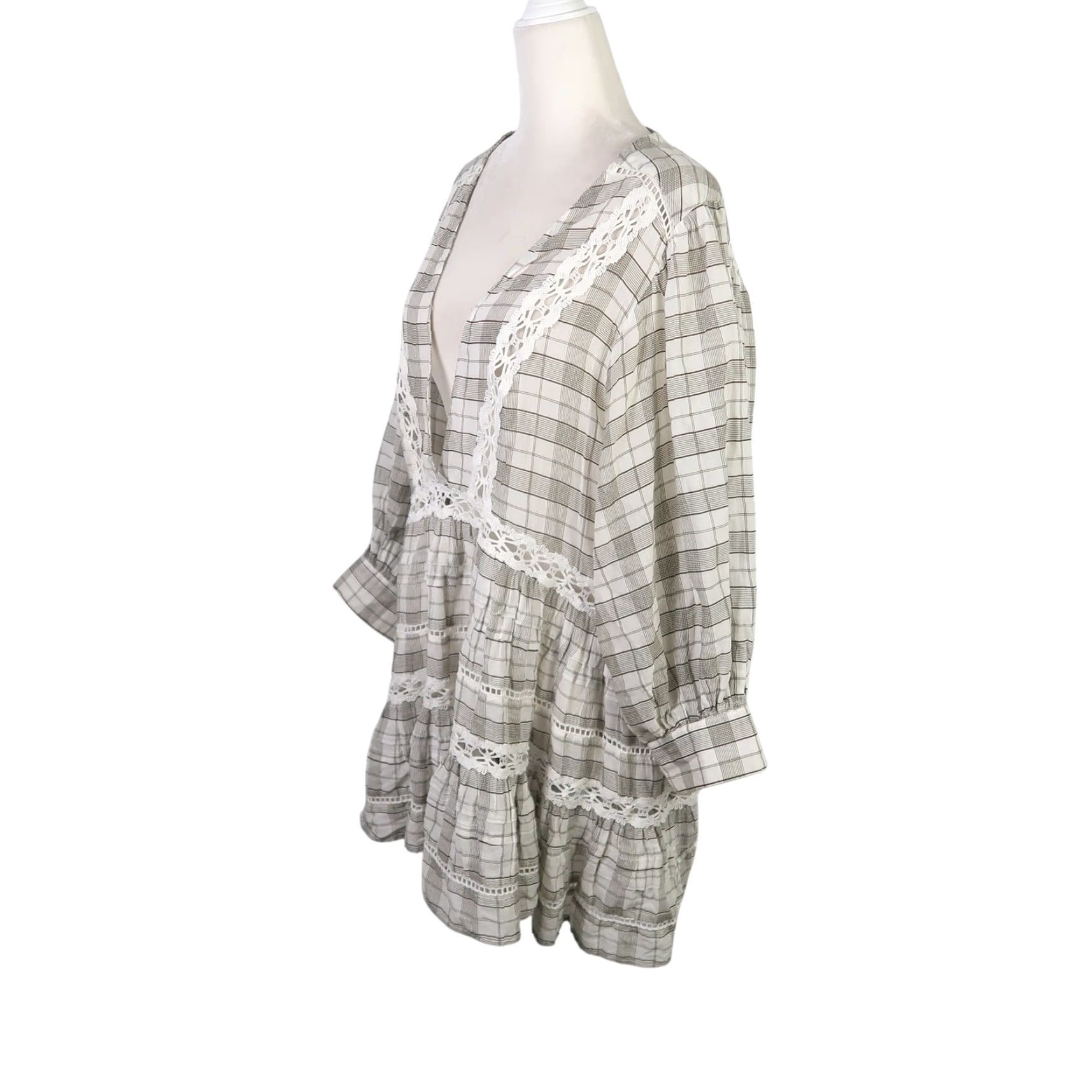 Free People Free People Tunic Blouse Shirt Casual Plaid Time Out Grey Cream 3/4 Sleeve Cotton V-Neck Small Women Mens, Womens Size S / US 4 / IT 40 - 3 Thumbnail