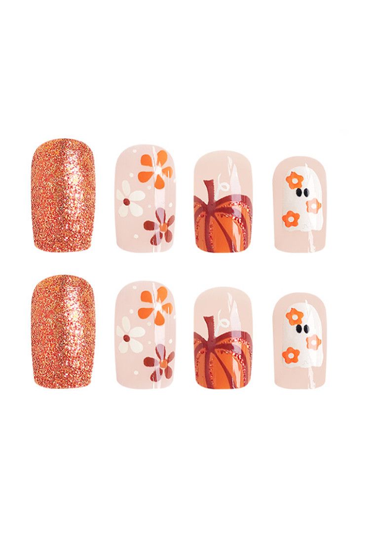 Other Press on Fake Nails Short Square with Pumpkin Flower Design Size ONE SIZE - 2 Thumbnail